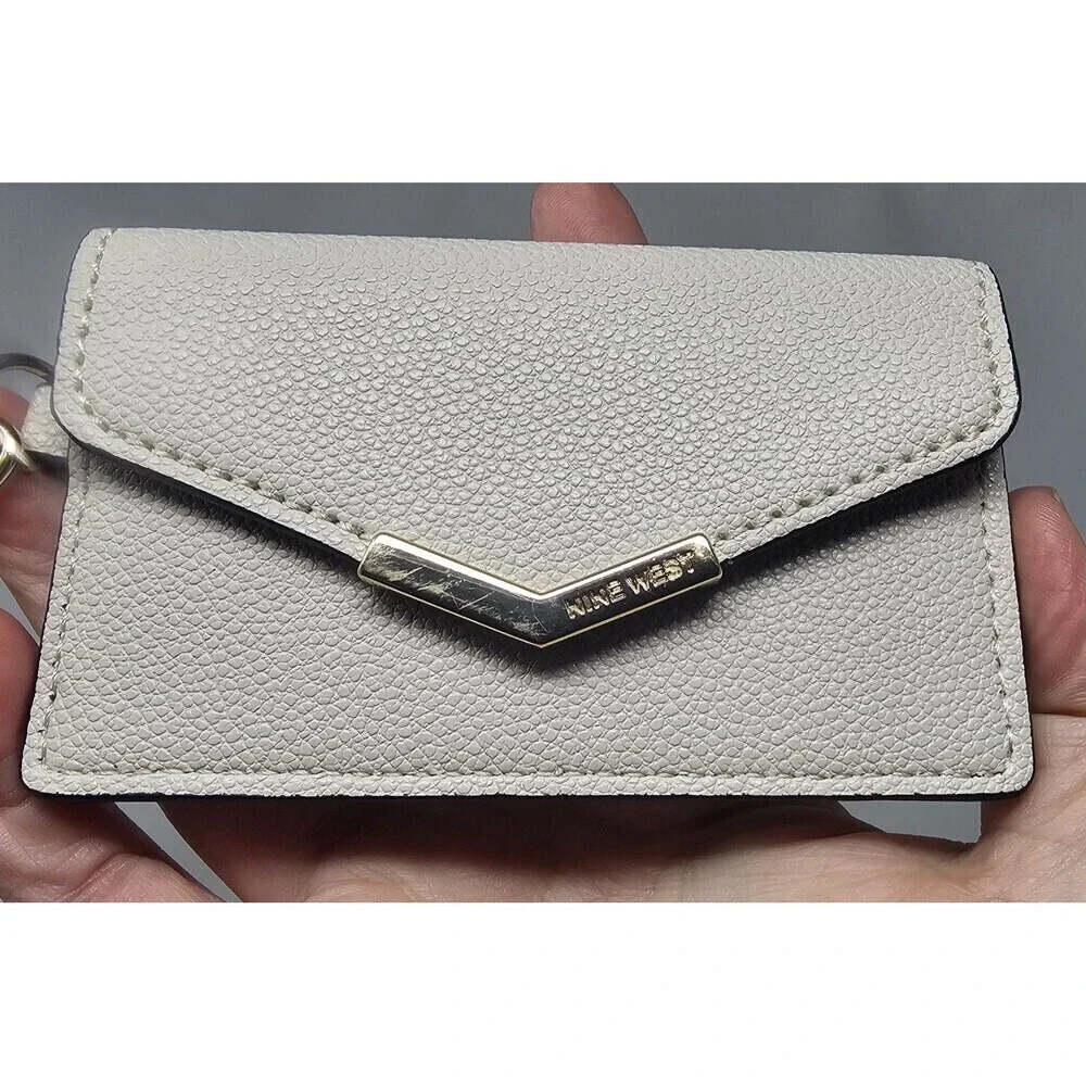 Nine West Off White Gold Accents Card Holder Keychain Faux Leather Snap Closure